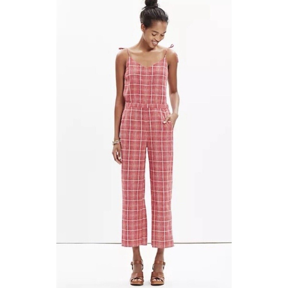 Madewell Red Biopic Plaid Spaghetti Strap Linen Blend Jumpsuit Womens Size Small